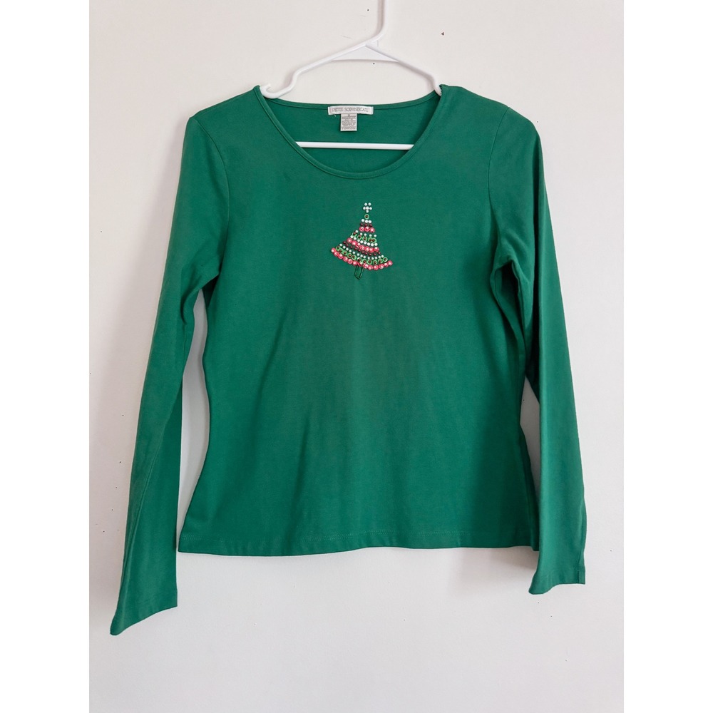 Petite Sophisticate Vintage Christmas Tree Sequin Green Long Sleeve Top Small